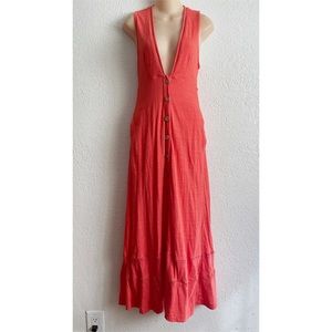 Free People Beach Orange Maxi Low Cut Sleeveless Maxi Dress SMALL Pockets Boho